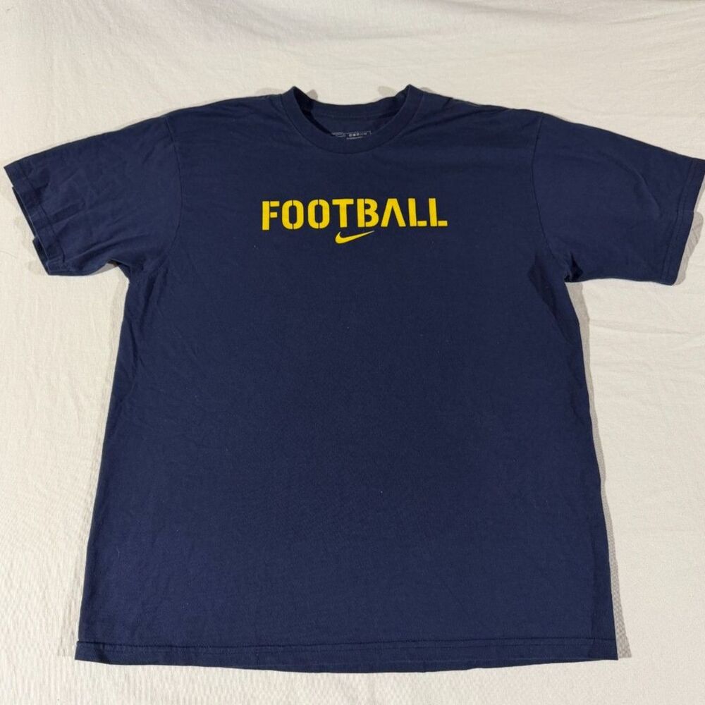 Nike Football Navy Blue Yellow Graphic Tee Size L Center Swoosh Double Sided